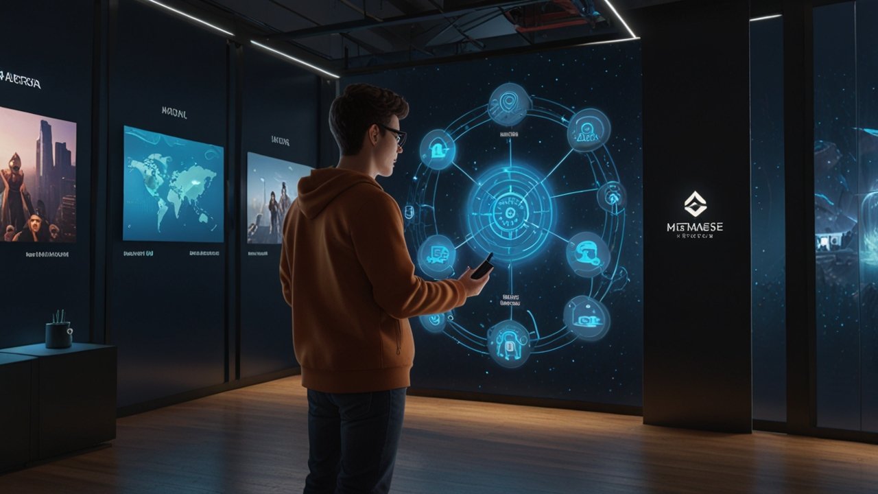 Metaverse displaying immersive virtual environment with detailed avatars interacting within persistent digital world with economic activity