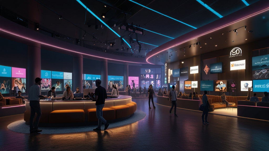 Metaverse showing users interacting with shared digital environment and each other through customized avatars and spatial interfaces