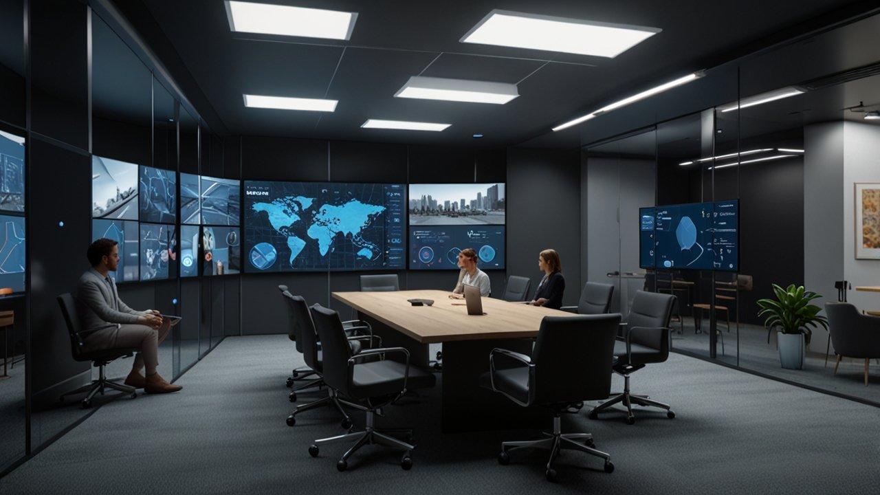 Metaverse Workplace environment showing team members collaborating in shared virtual space