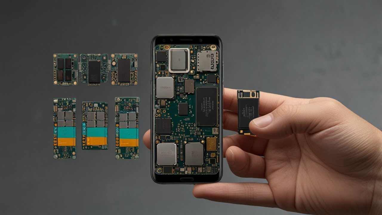Modular Smartphone displaying removable components including camera, battery, processor, and specialty modules with tool-free replacement mechanism