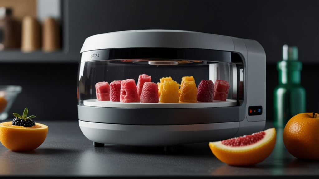 Molecular Food Printing device creating intricate food structure with multiple ingredient cartridges and precision nozzles