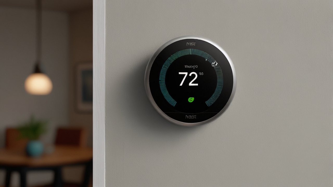 Nest Thermostat showing smart climate control interface with energy efficiency visualization and automated temperature management