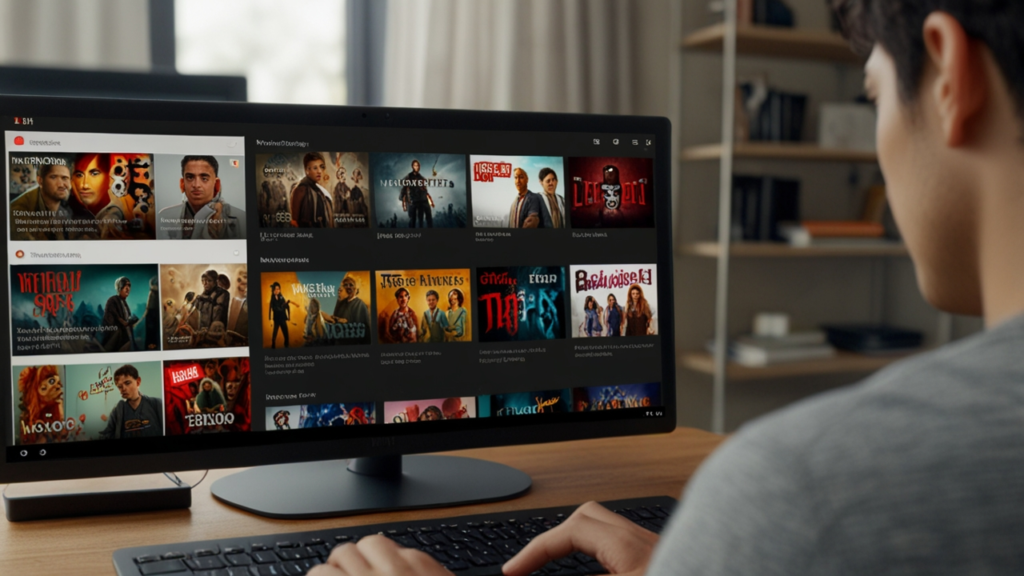 Netflix interface displaying personalized content recommendations with sophisticated algorithm analyzing viewing history and preferences