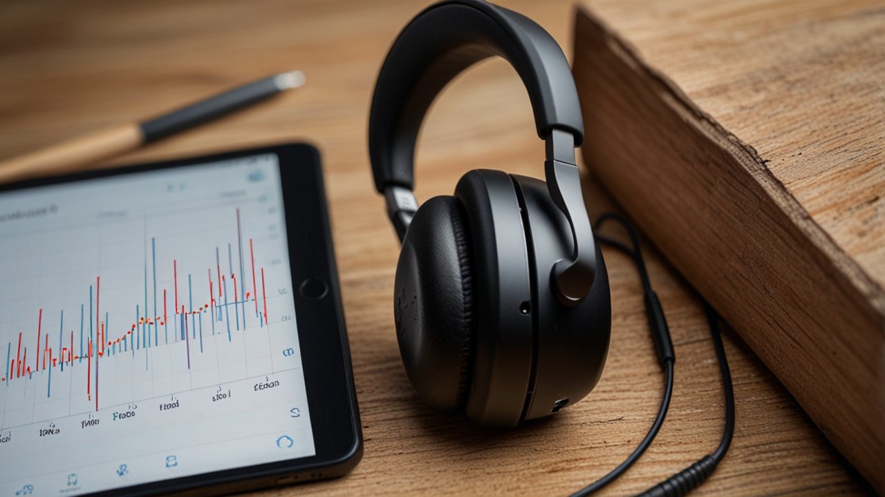 Noise canceling headphones displaying advanced acoustic technology with visible microphone arrays and cushioned ear cups