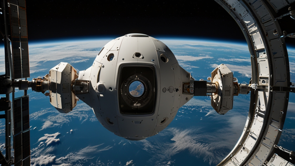 Orbital Tourism spacecraft with civilian passengers experiencing zero-gravity recreation in Earth orbit