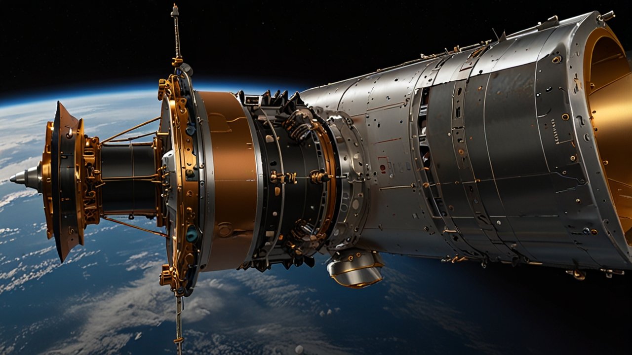 Spacecraft engine emitting blue plasma exhaust with visible electromagnetic containment field generating continuous thrust