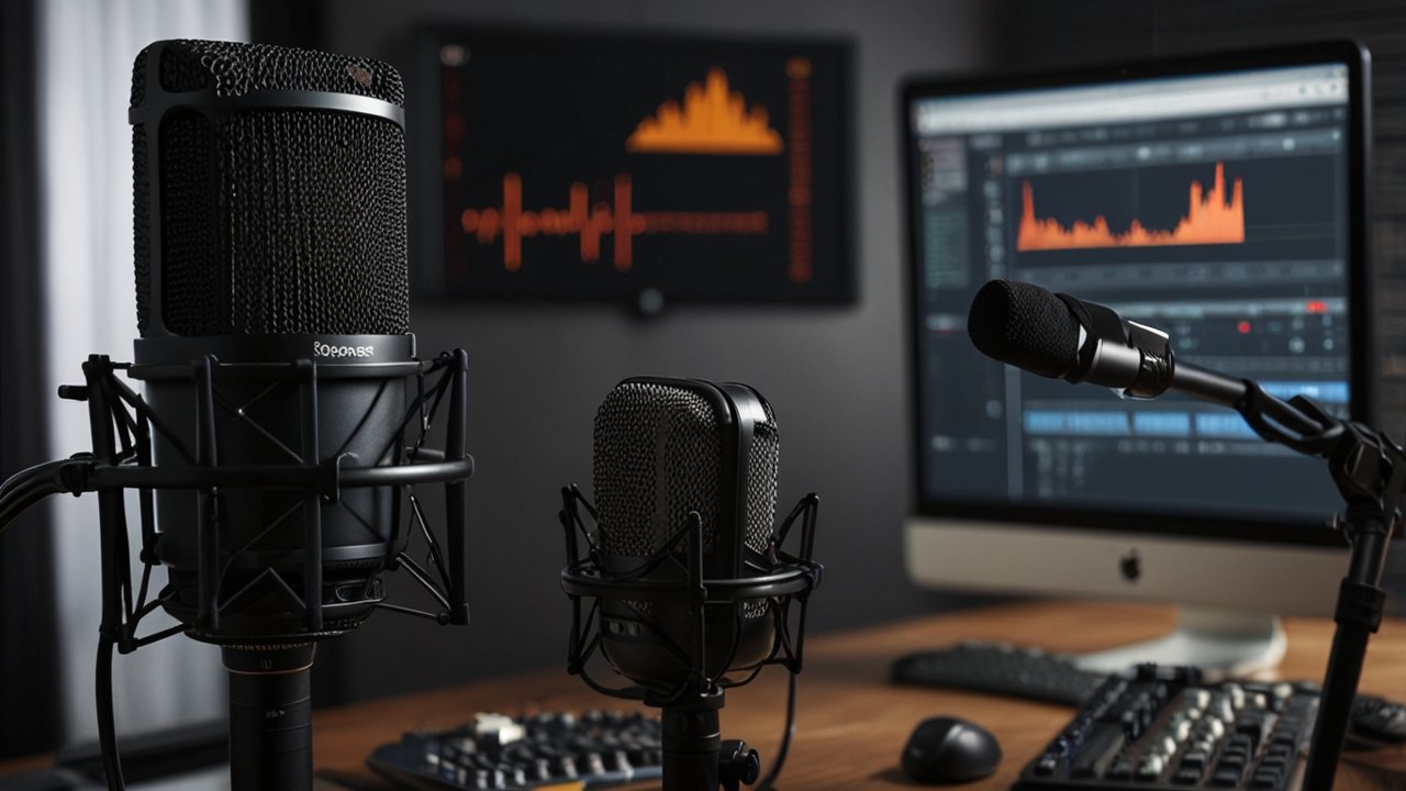 Podcast recording setup displaying professional microphone, acoustic treatment panels and digital audio workstation