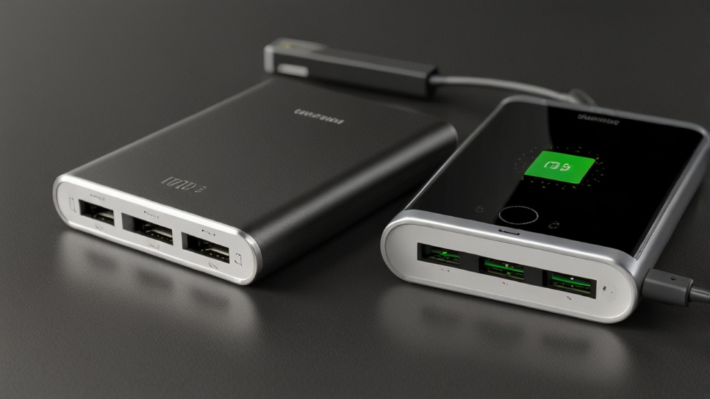 Power Bank charging smartphone rapidly through compact portable battery with multiple connection options