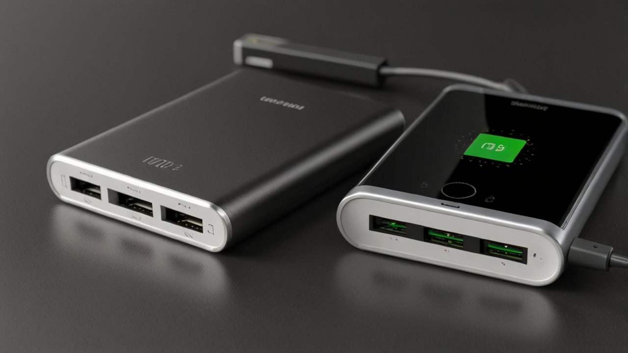 Power Bank charging smartphone rapidly through compact portable battery with multiple connection options