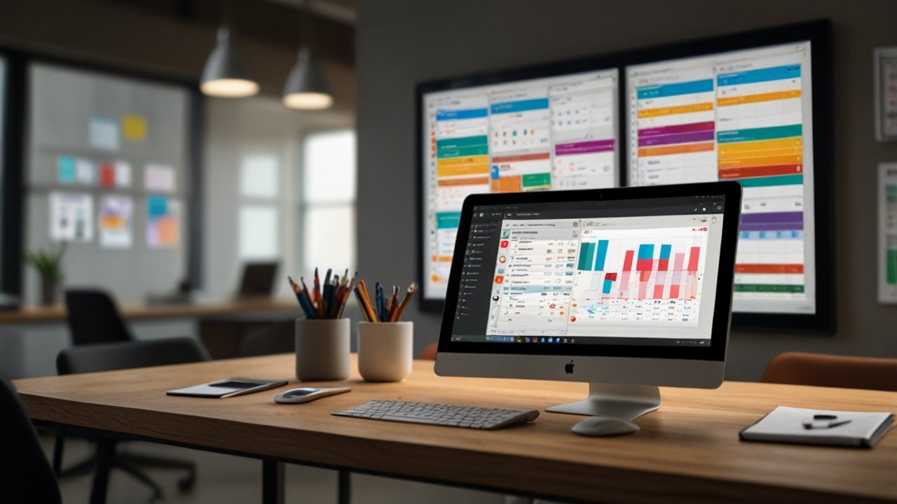 Productivity apps displayed on smartphone and tablet showing task management, time tracking and focus enhancement tools