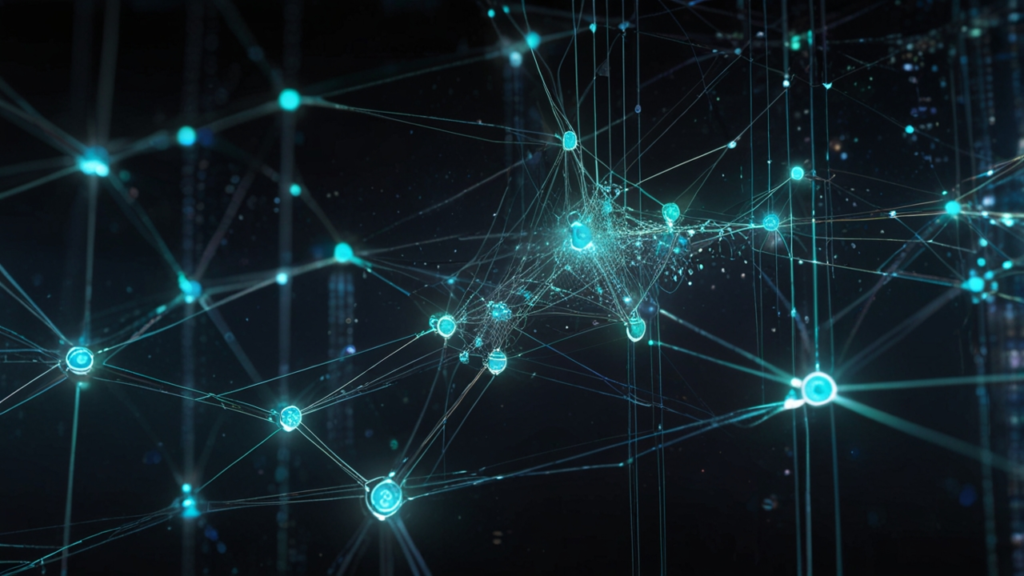 Quantum Blockchain visualization showing quantum-resistant network nodes with cryptographic protection layers