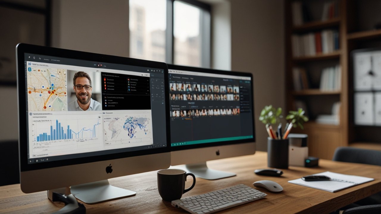Remote work environment displaying digital collaboration tools connecting distributed team members across locations