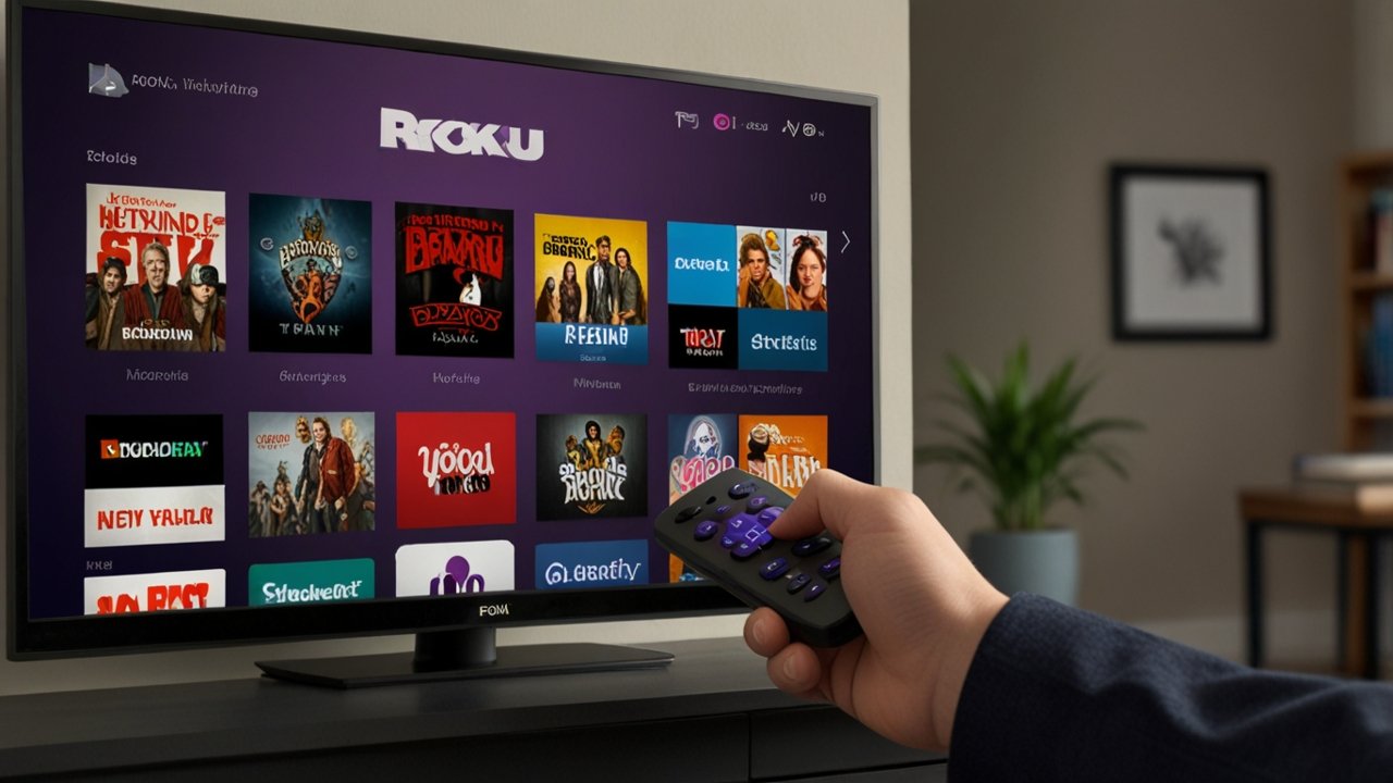 Roku interface displaying unified content recommendations from multiple streaming services with voice search capabilities