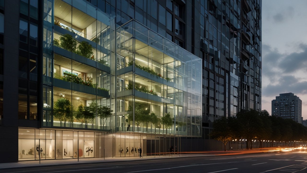 Futuristic building with visible adaptive facade elements responding to environmental conditions and occupant movement patterns