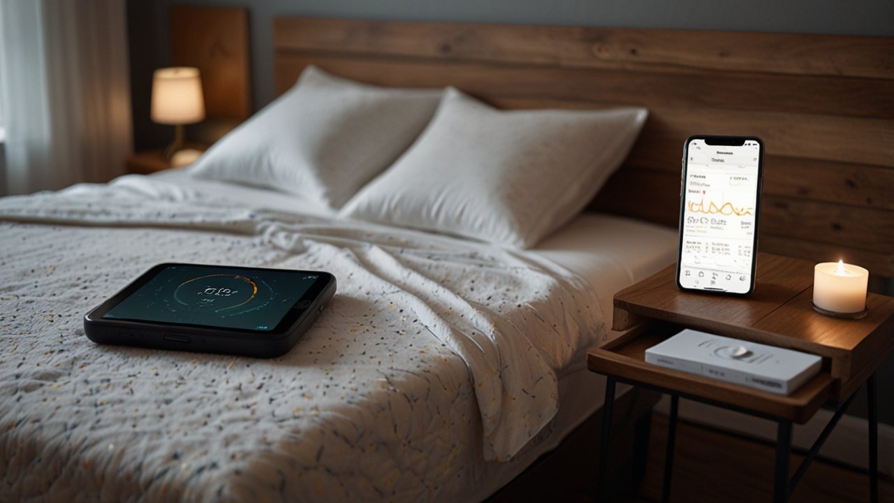 Sleep tracking interface displaying sleep cycle stages with duration and quality metrics throughout night