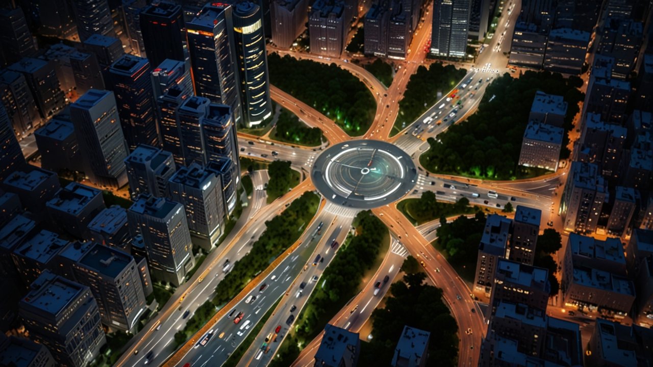 Smart City visualization showing integrated urban systems with real-time data flows