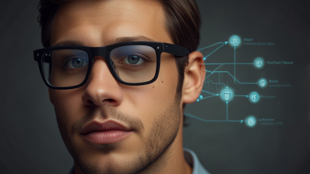 Smart Glasses displaying contextual information overlaid on real-world view through transparent lens displays