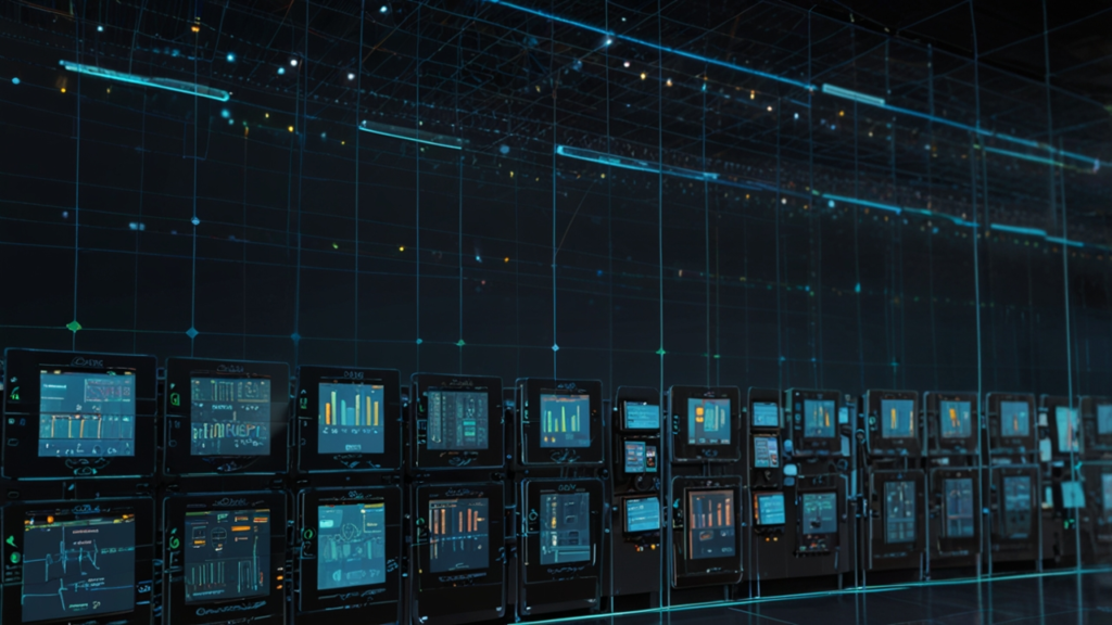 Smart Grid control center showing real-time electricity flow optimization across network