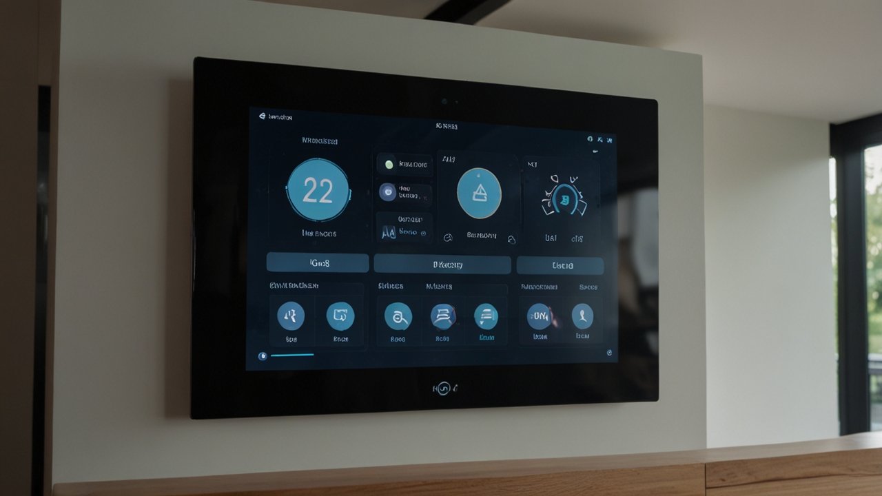 Smart Home controlling multiple integrated systems including lighting, climate, security, and entertainment through centralized interface