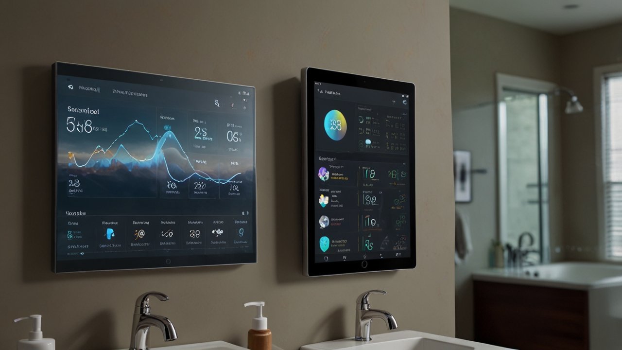 Smart Mirror displaying digital information overlaid on reflective surface combining traditional mirror functionality with connected intelligence