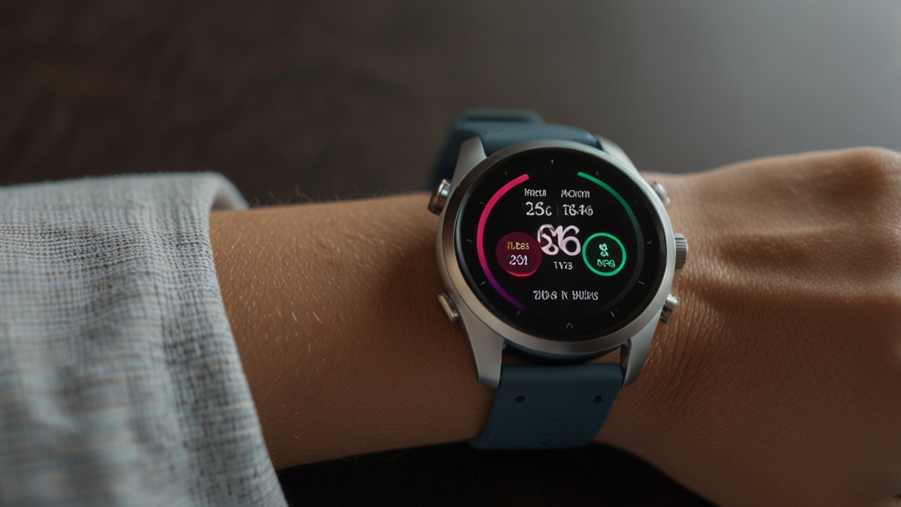 Smart Watch displaying health metrics and notifications on wrist-worn touchscreen with multiple sensors