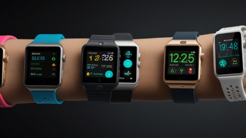 Smart Watches showcasing diverse models with health tracking capabilities and digital notification displays on wrist