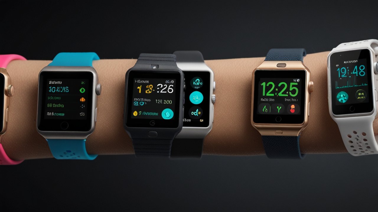 Smart Watches showcasing diverse models with health tracking capabilities and digital notification displays on wrist