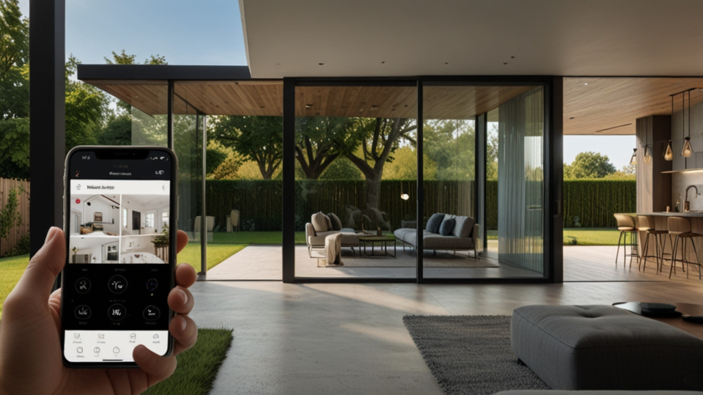 Smart home security system displaying integrated cameras, sensors and access control devices with smartphone monitoring