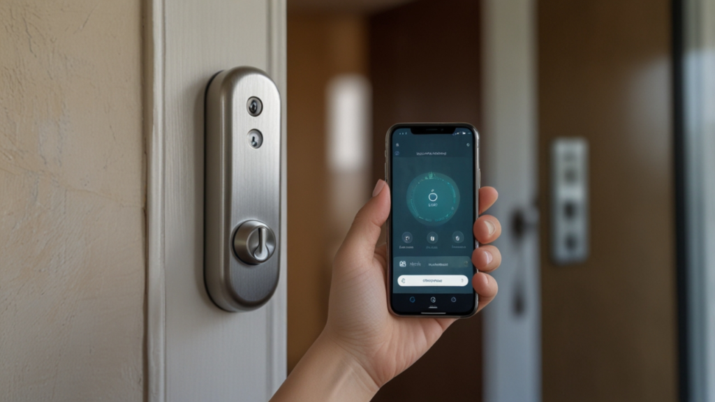 Smart lock displaying keyless entry system with smartphone control and biometric authentication capabilities