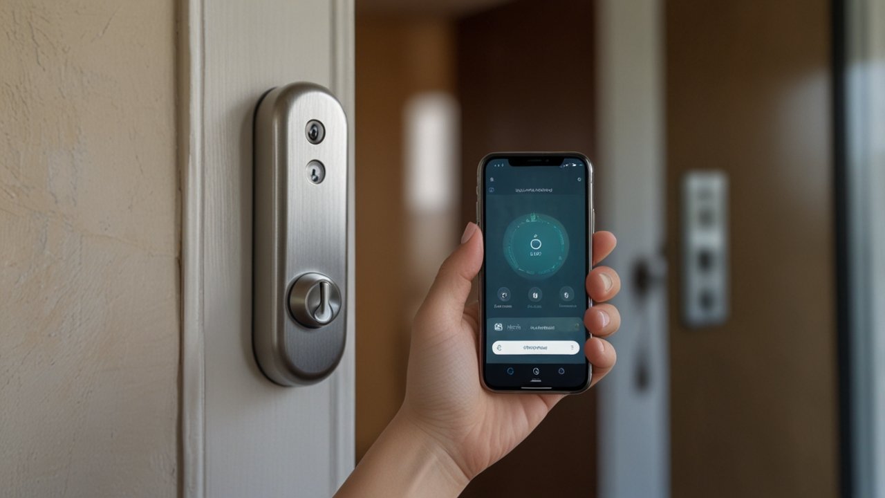 Smart lock displaying keyless entry system with smartphone control and biometric authentication capabilities
