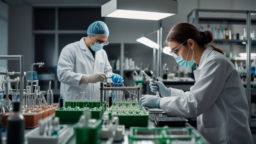 Synthetic Biology laboratory showcasing engineered microorganisms producing specialized compounds in controlled environments