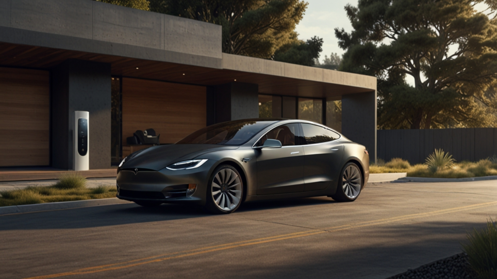 Tesla electric vehicle featuring autonomous driving capabilities with integrated renewable energy ecosystem including solar and battery storage
