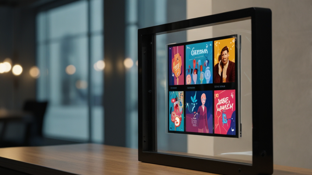 Transparent Display showing vibrant digital content while maintaining clear visibility through the screen surface