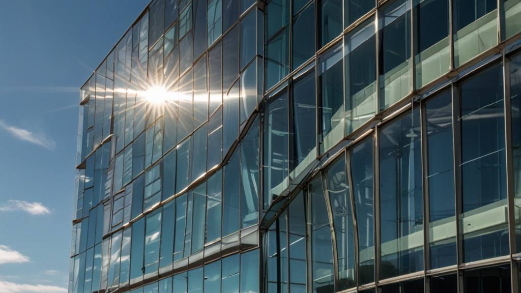 Transparent Solar panels integrated into building windows generating electricity while maintaining clear visibility