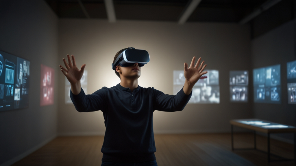 Virtual Reality headset creating immersive digital environment with complete visual field coverage