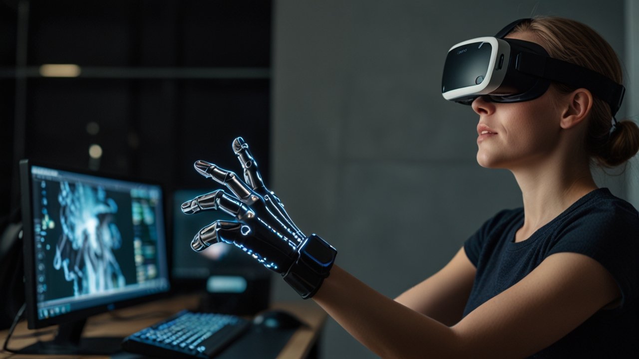 Virtual Reality headset creating immersive three-dimensional environment with interactive elements and realistic visual rendering