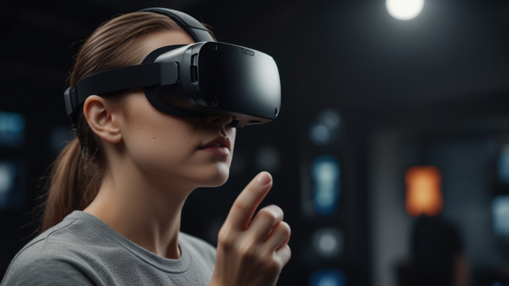 Virtual Reality user experiencing fully immersive digital environment through head-mounted display