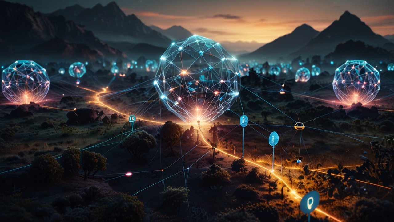 Web3 Evolution displaying interconnected blockchain networks forming decentralized application ecosystem on virtual interface