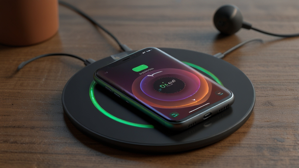 Wireless Charger transferring energy to smartphone through magnetic induction without physical cable connection