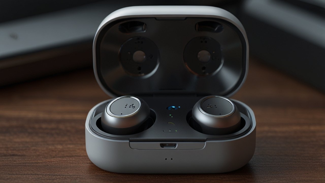 Wireless earbuds displaying compact audio technology with charging case and Bluetooth connectivity