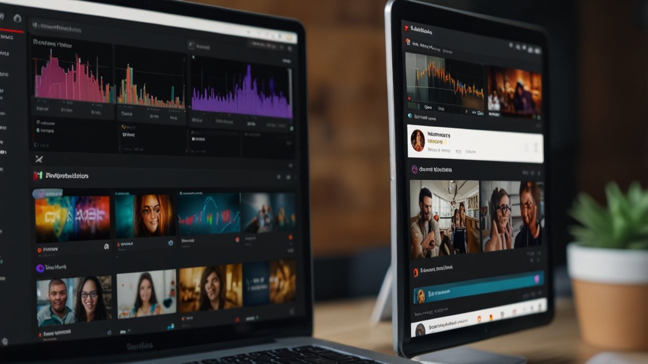 YouTube interface displaying personalized video recommendations with creator tools and analytics dashboard
