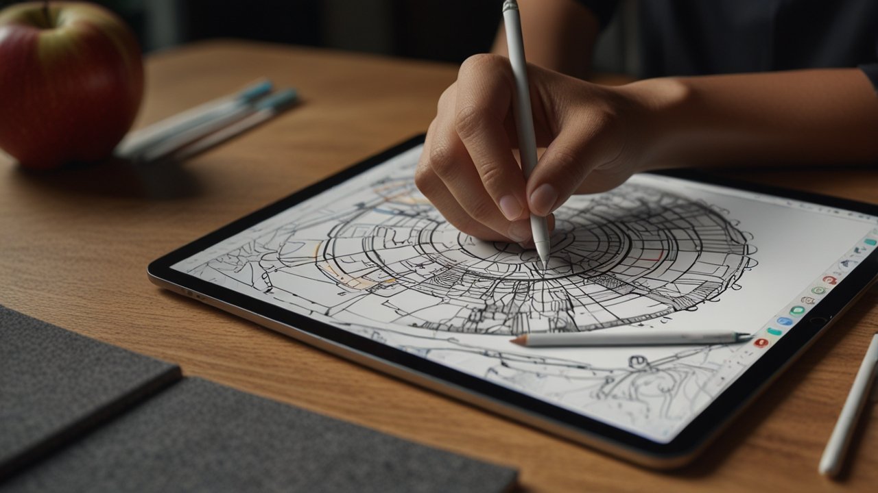 iPad displaying professional creative application with Apple Pencil integration and multitasking capability with external keyboard