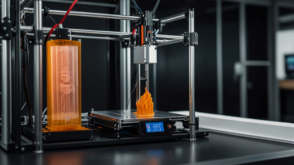 3D printer displaying additive manufacturing technology with material extrusion system creating three-dimensional object