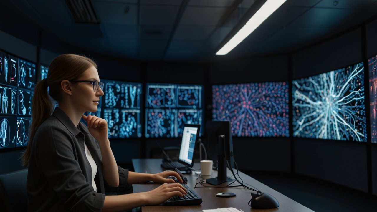 AI research laboratory displaying advanced computational experiments with neural networks and reinforcement learning systems