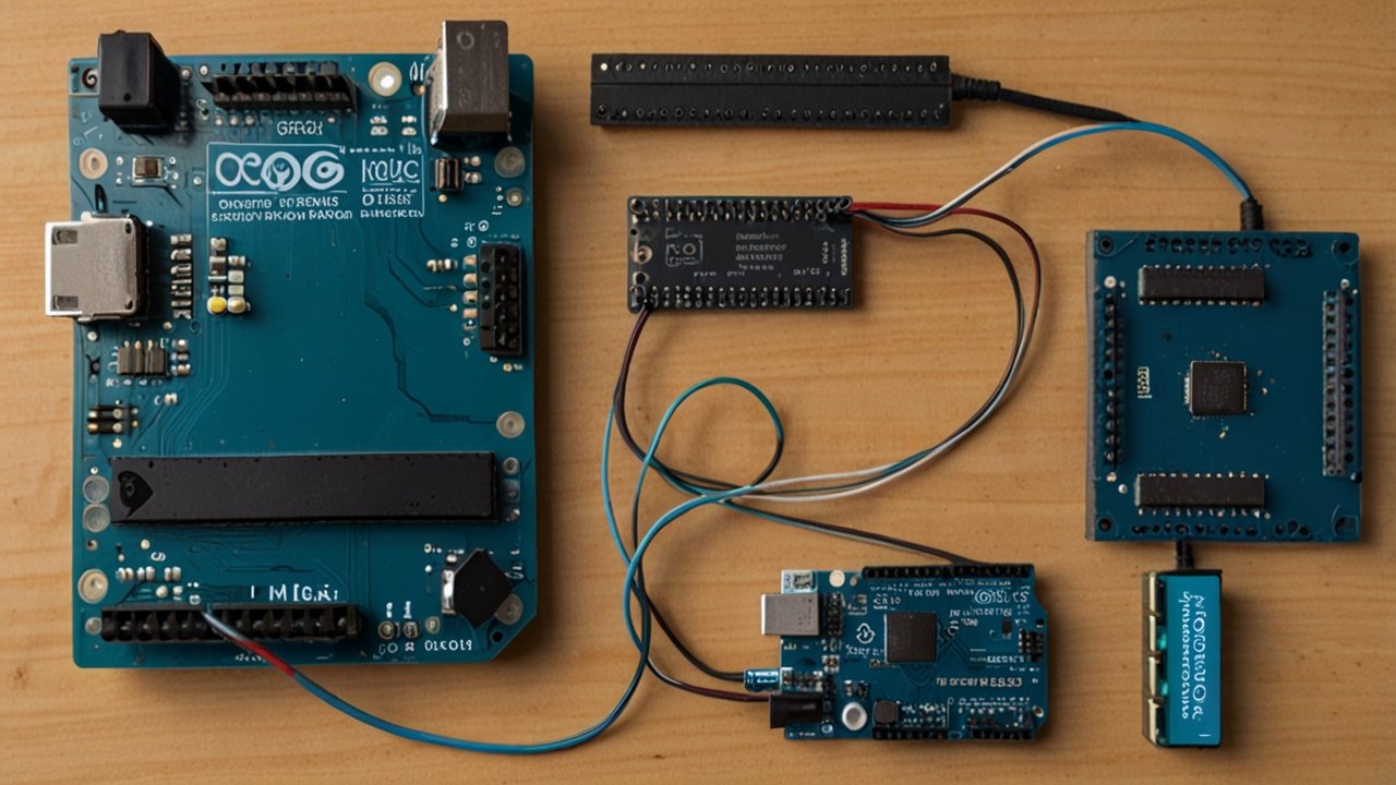 Arduino microcontroller displaying electronics prototyping platform with programming interface and component connections