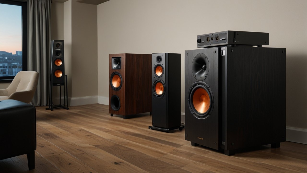 Audiophile setup displaying high-fidelity system components arranged for optimal sound reproduction in carefully treated acoustic environment