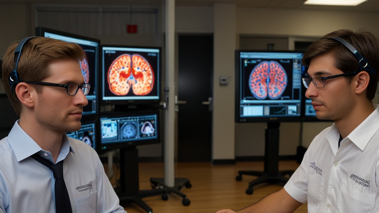 Brain-computer interface system displaying neural connection technology with thought recognition and cognitive integration capabilities