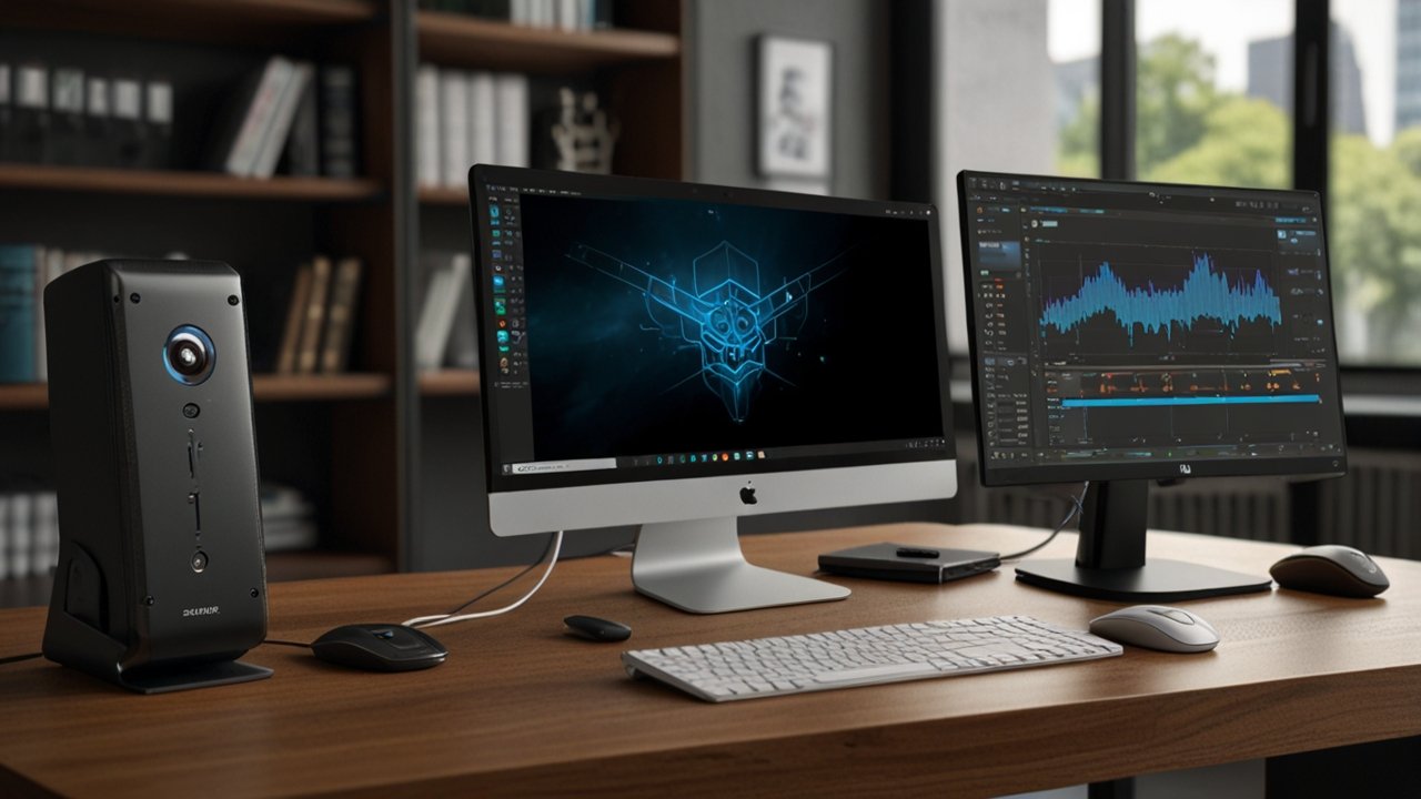 Docking station displaying port expansion capabilities with single-cable laptop connection and multiple peripheral connections