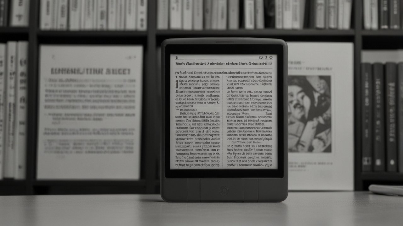 E-ink reader displaying paper-like reading experience with front lighting system and extended battery life