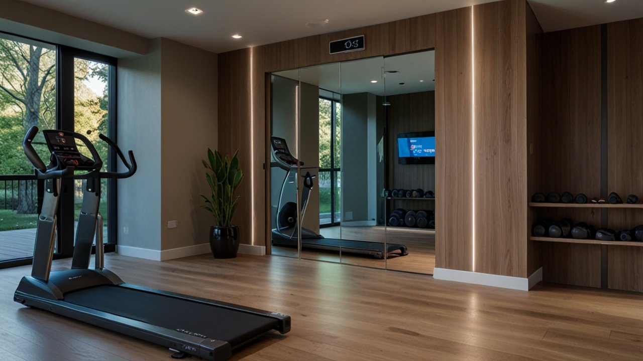 Fitness mirror interface showing smart workout and interactive exercise capabilities